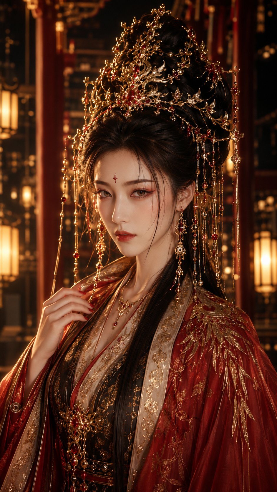 绛红金饰古风仙侠女主角色海报