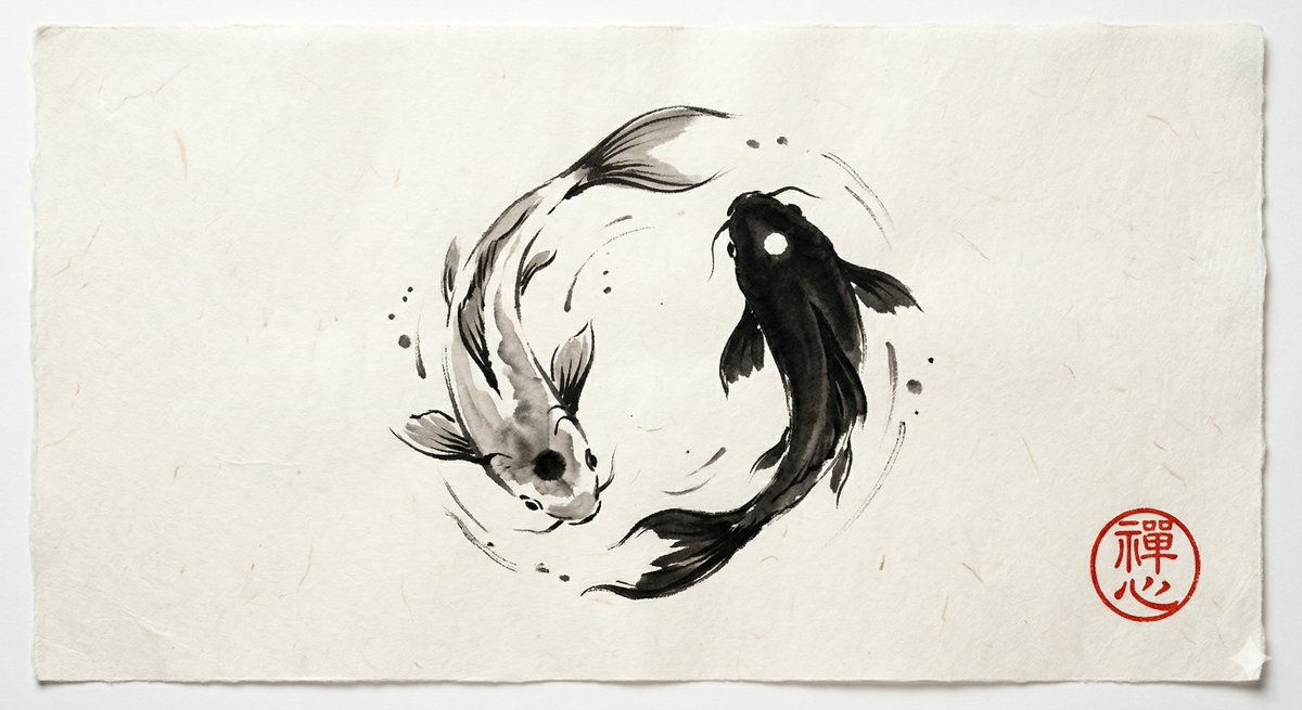 Yin and Yang Koi Fish Sumi-e Prompt