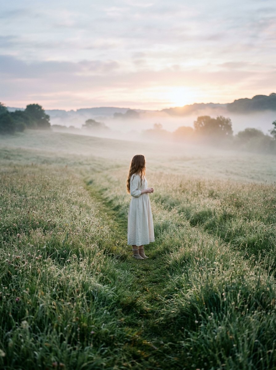 Cinematic Wide Shot of Girl in Dewy Meadow at Sunrise