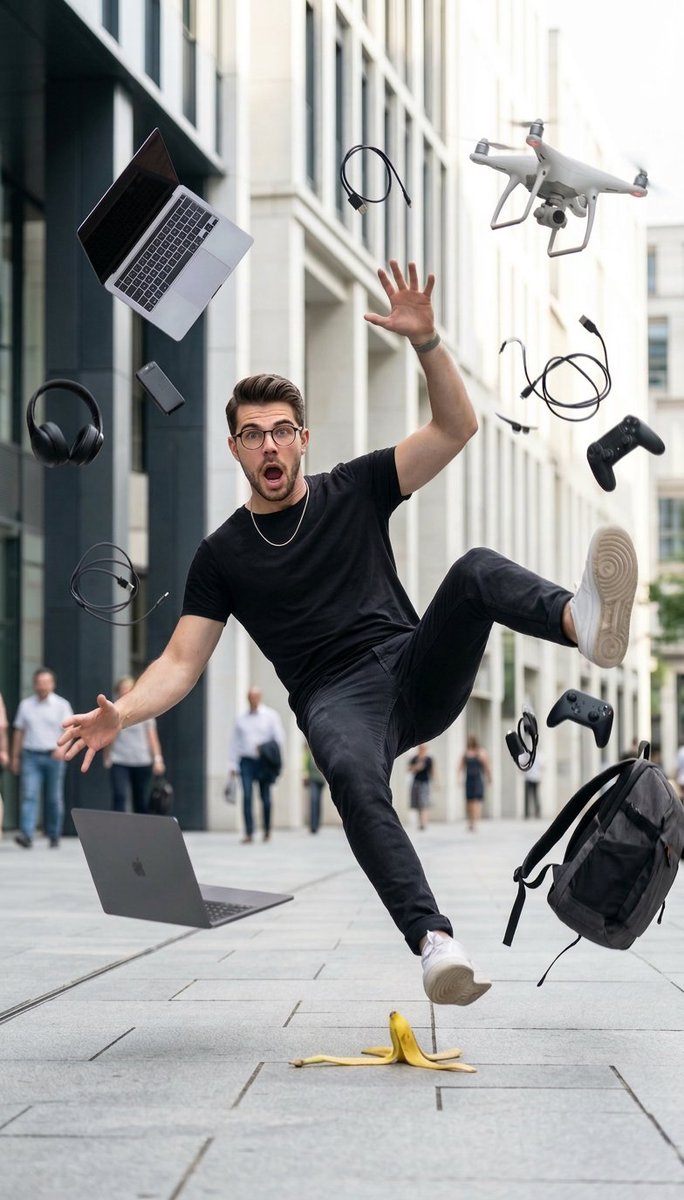Cinematic Street Photography of Man Slipping on Banana Peel