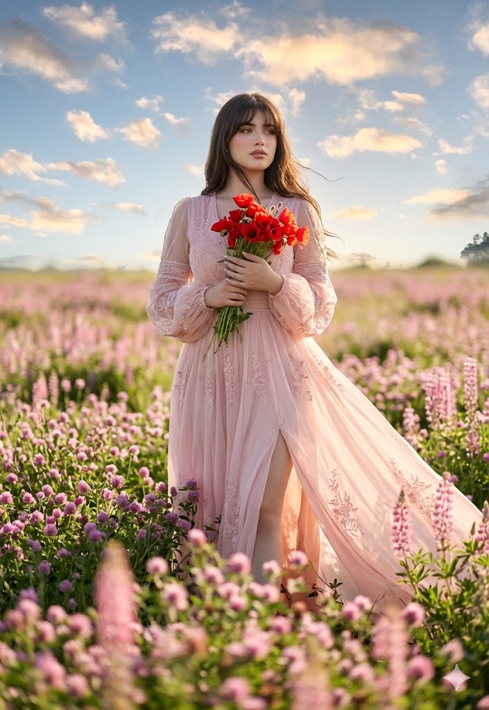Pink Chiffon Gown Wildflower Field