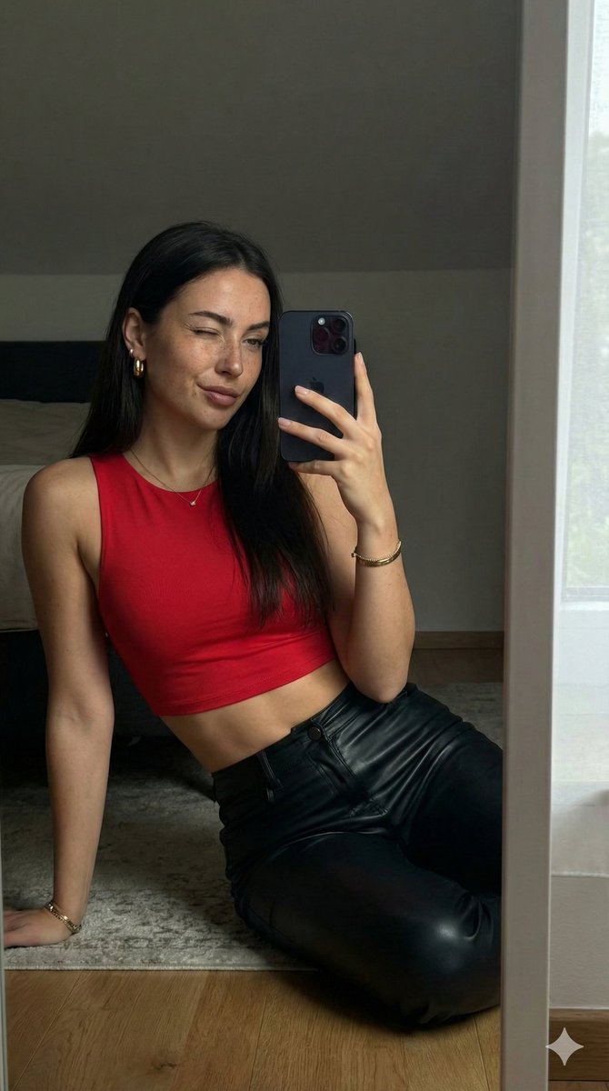Confident Mirror Selfie Portrait with Red and Black Aesthetic
