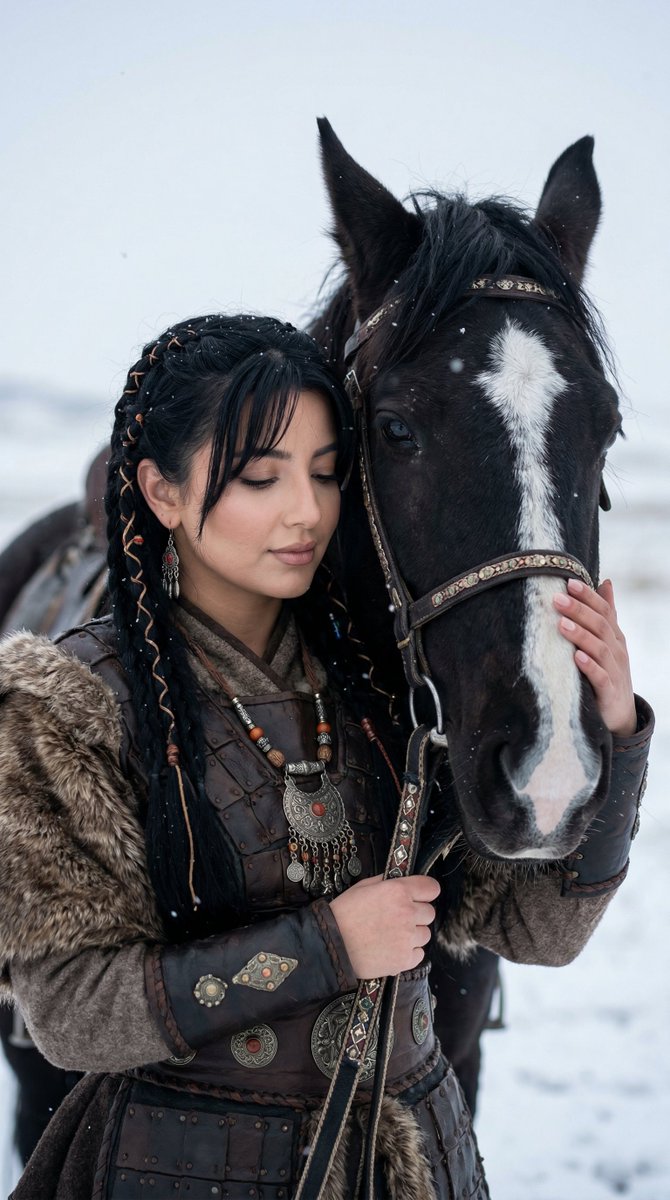 Cinematic Portrait of Ancient Turkic Woman and Horse in Snow