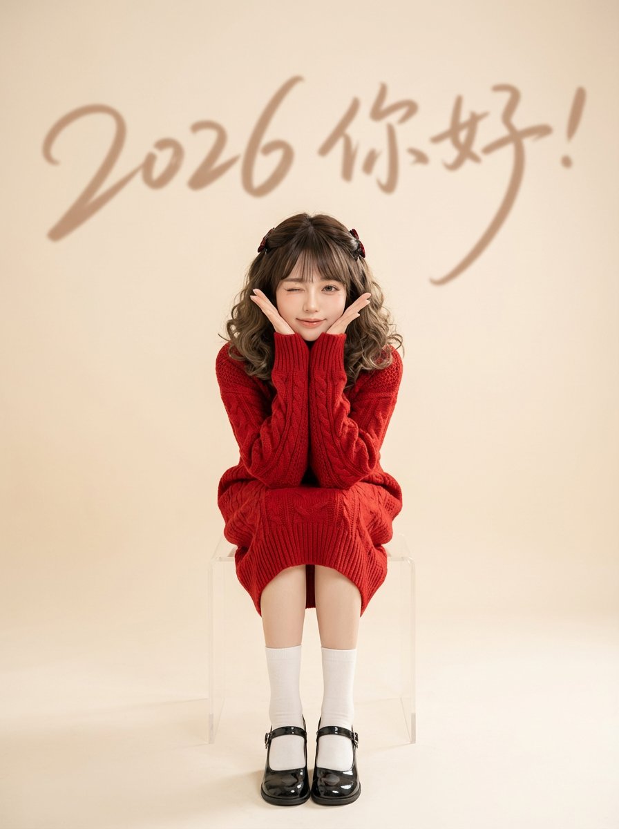 Chinese New Year Portrait with Red Knitwear and Minimalist Studio Look
