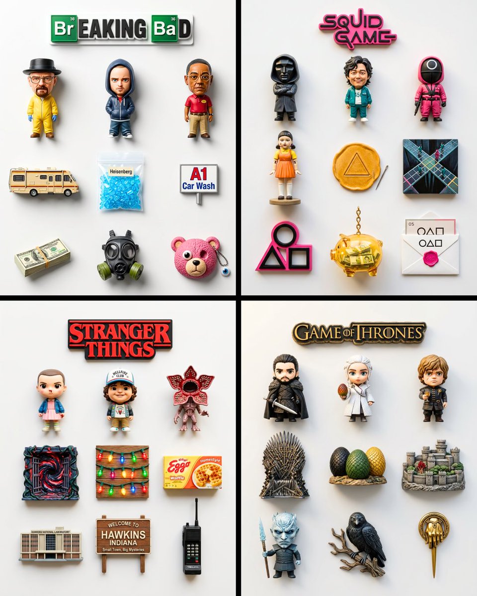 A flat-lay collection of exactly 9 hyper-realistic 3D resin fridge