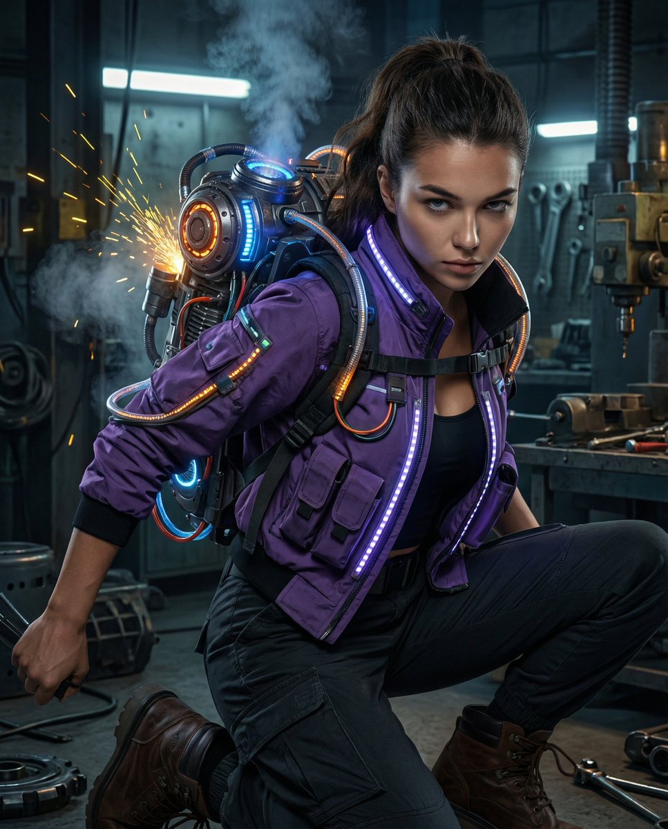 Cyberpunk Mechanic with Massive Exosuit Backpack
