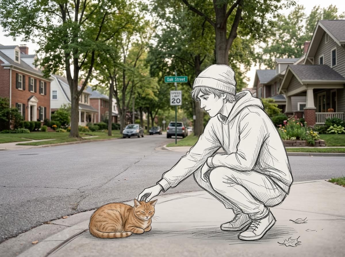 Realistic Photo with Sketch Character Overlay