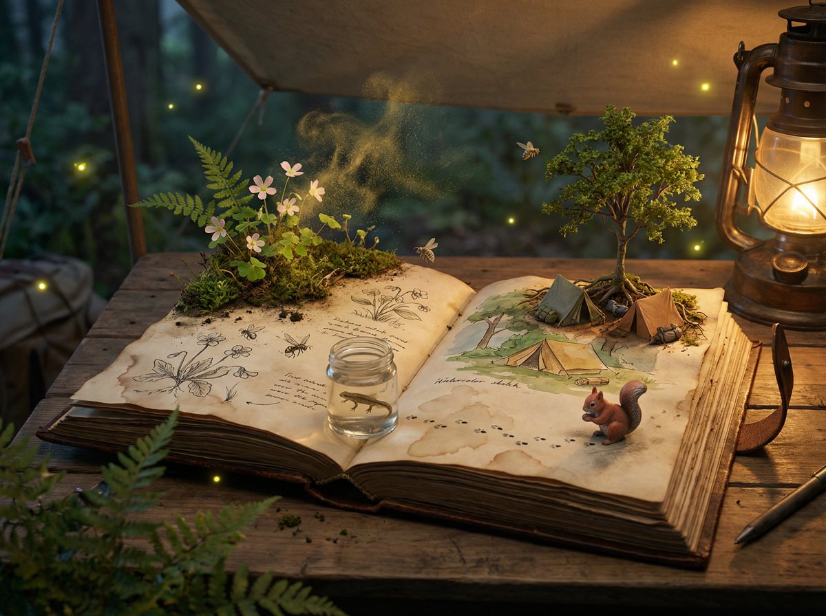 Epic 3D scene: a weathered field journal lies open on a naturalist's