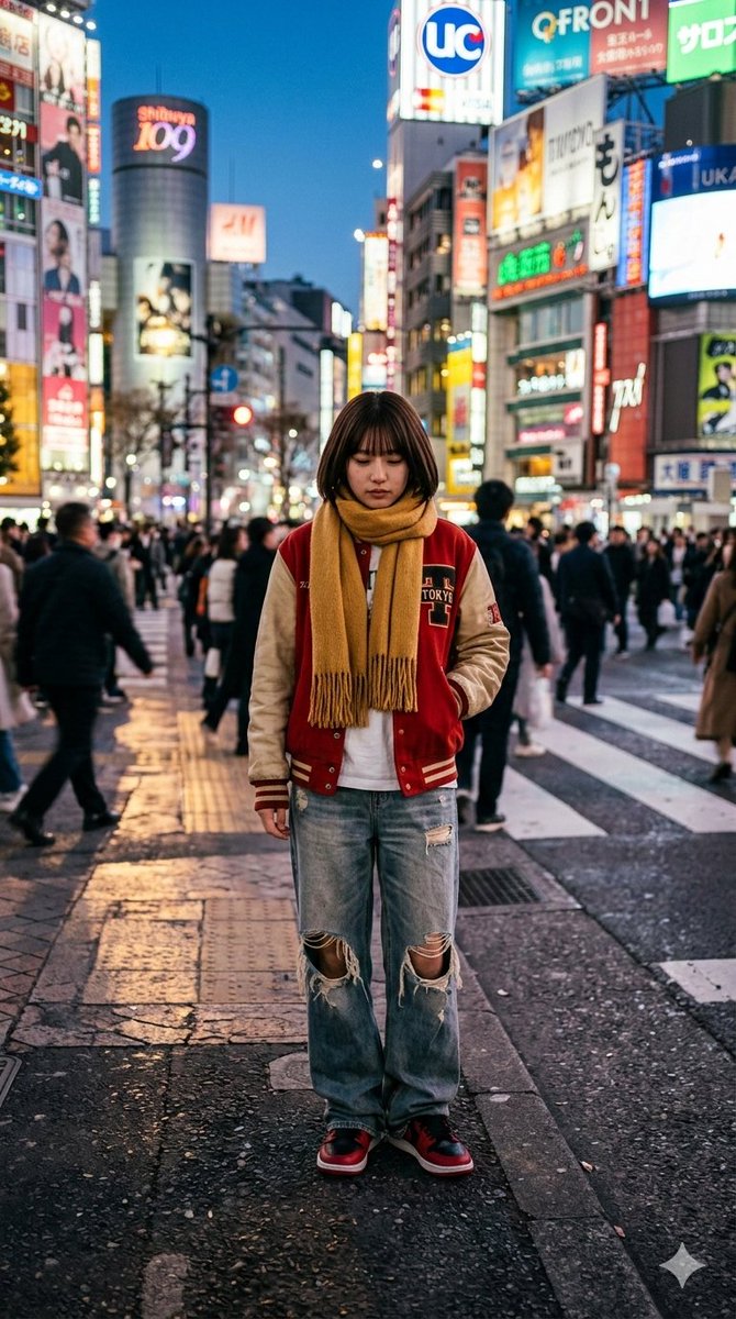 Photorealistic Street Photo Prompt: Vintage Fashion Girl in Shibuya