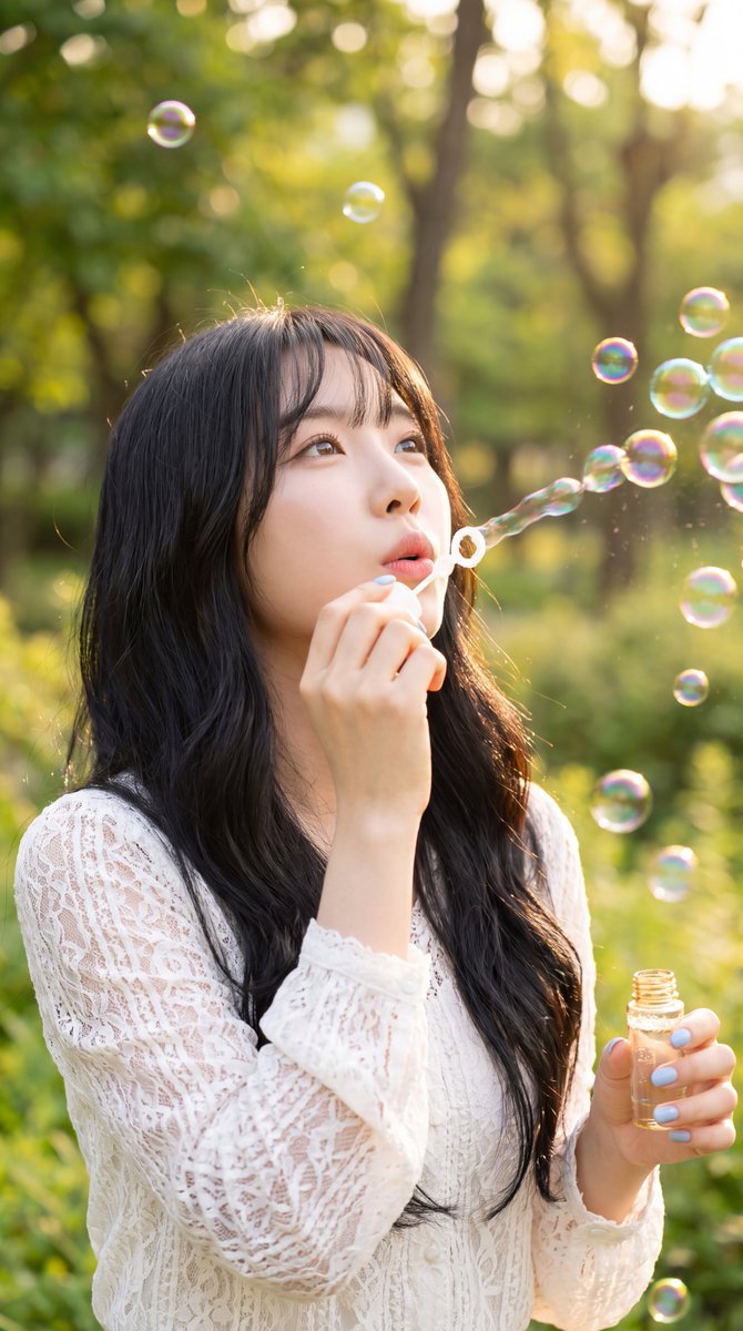 Dreamy Portrait of Woman Blowing Bubbles