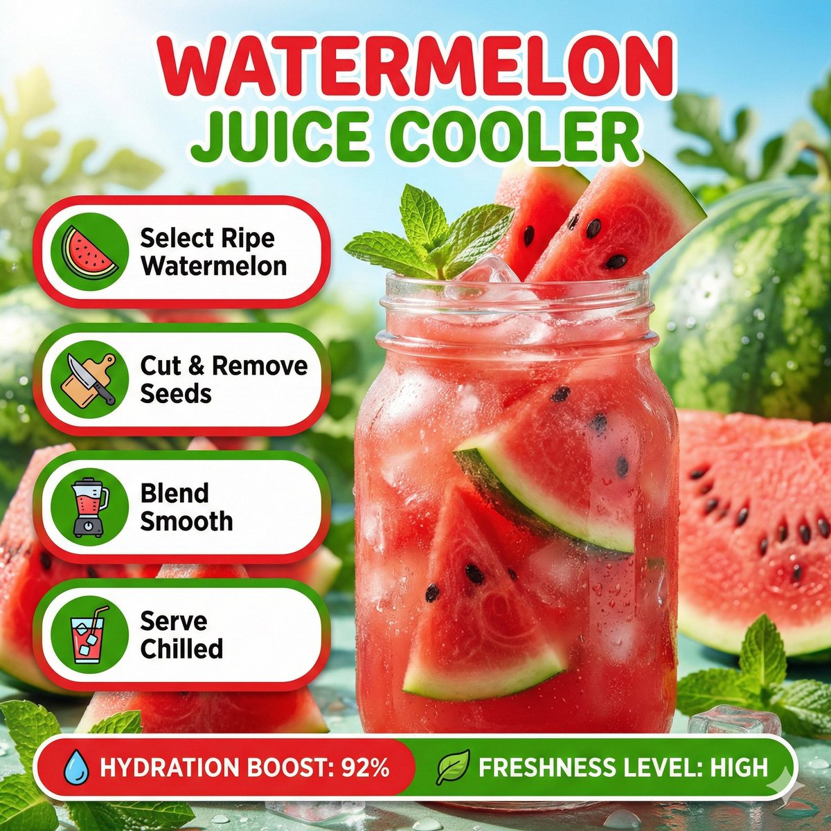 Bright summer infographic showcasing watermelon juice, icy texture,