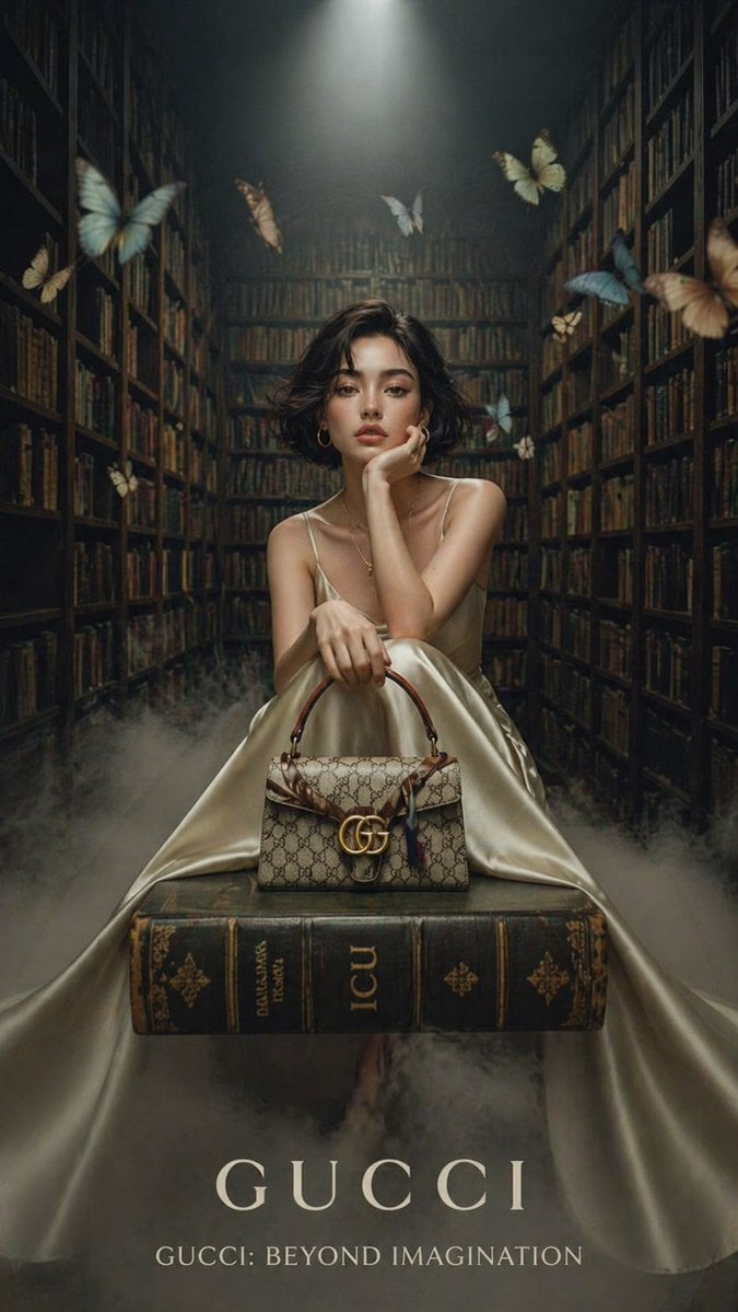 A cinematic luxury fashion editorial set inside a grand vintage