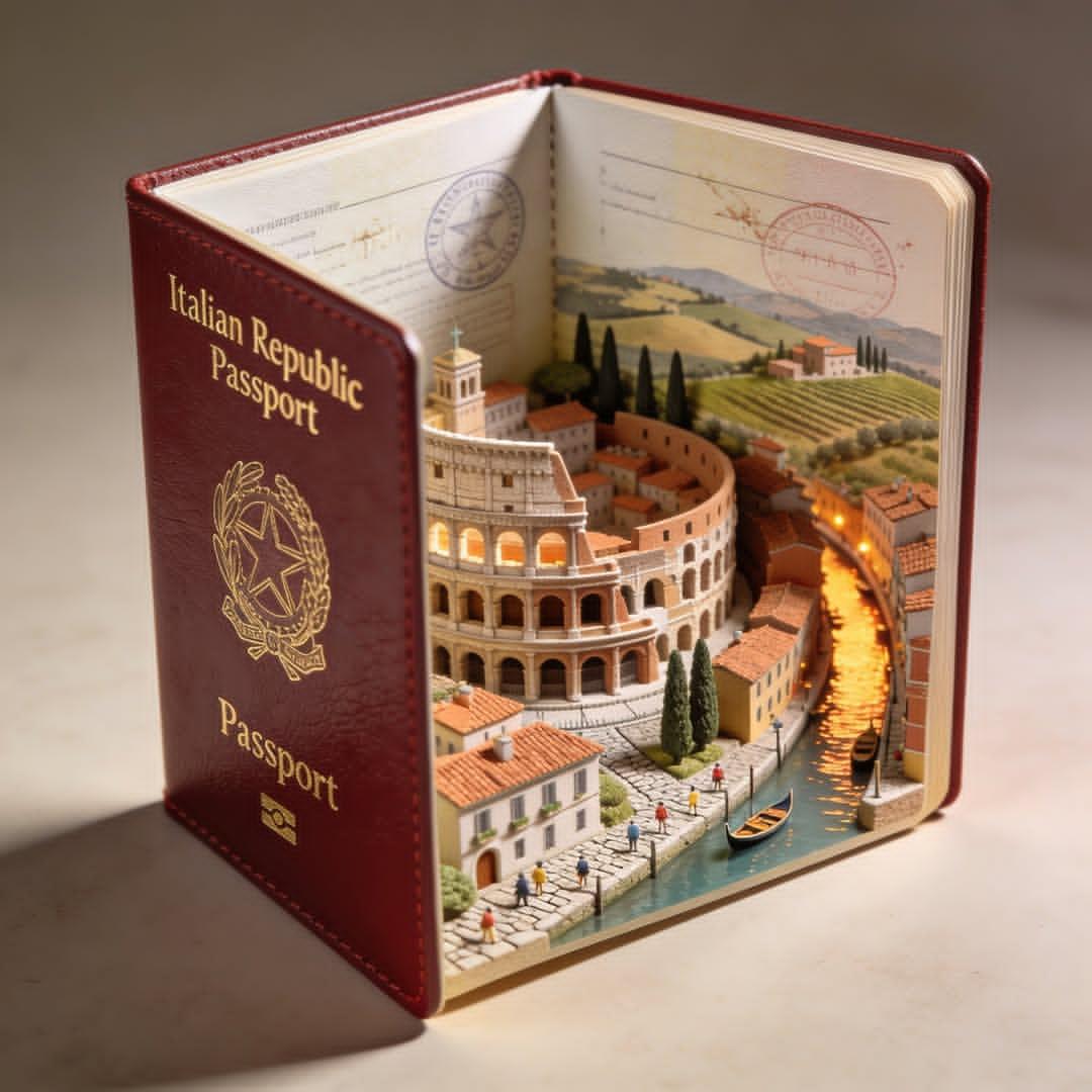 Hyper-realistic open passport on a studio surface, with gold-embossed