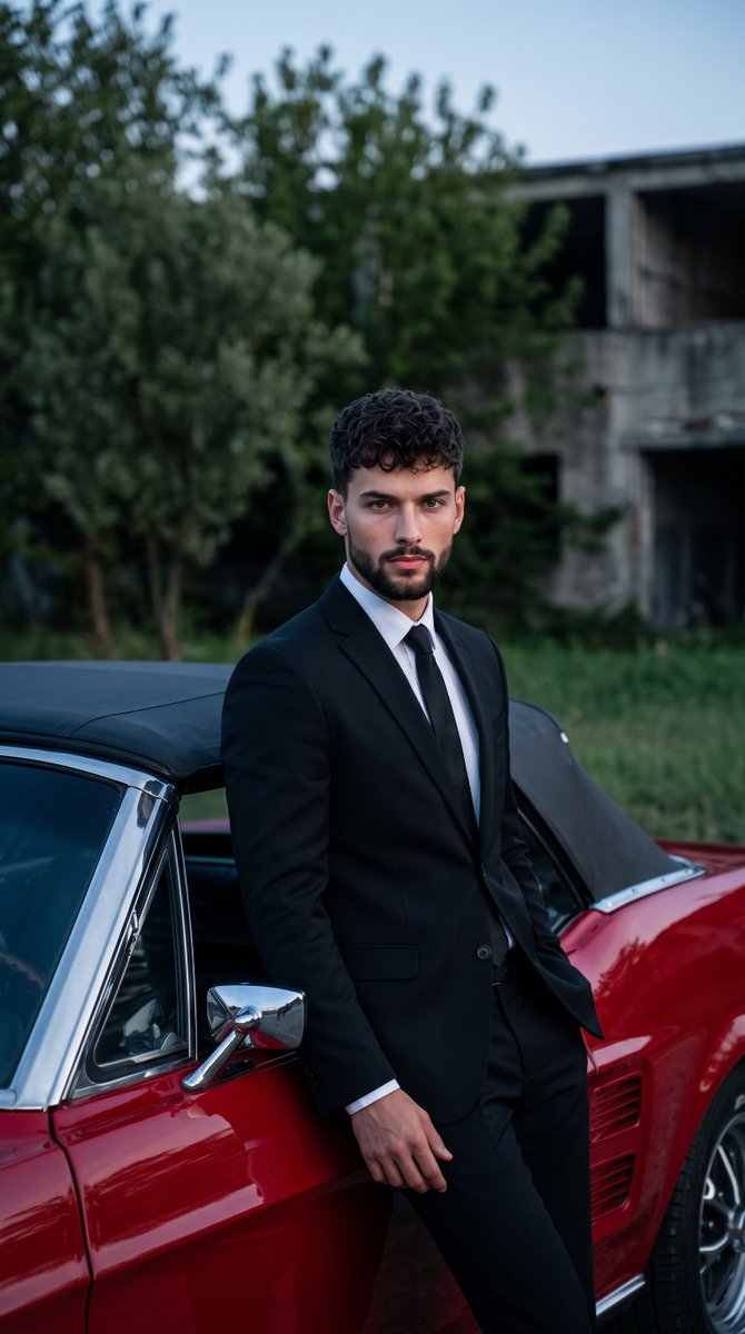 Man Leaning on Classic Red Muscle Car
