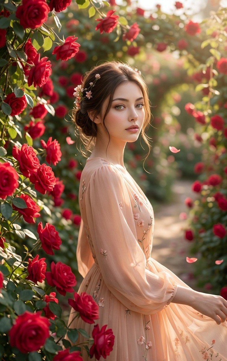 Korean Girl in Red Rose Garden