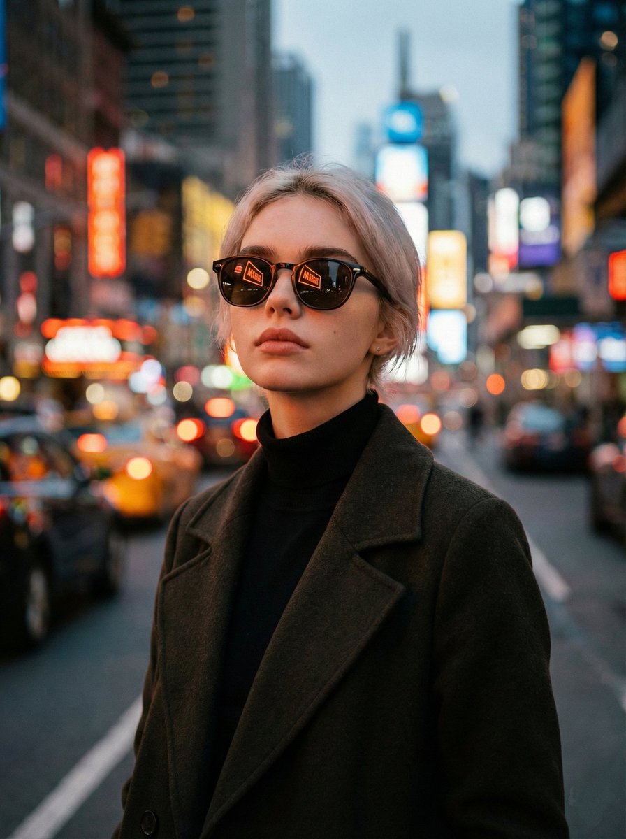 Cinematic Twilight City Portrait with Neon Reflections