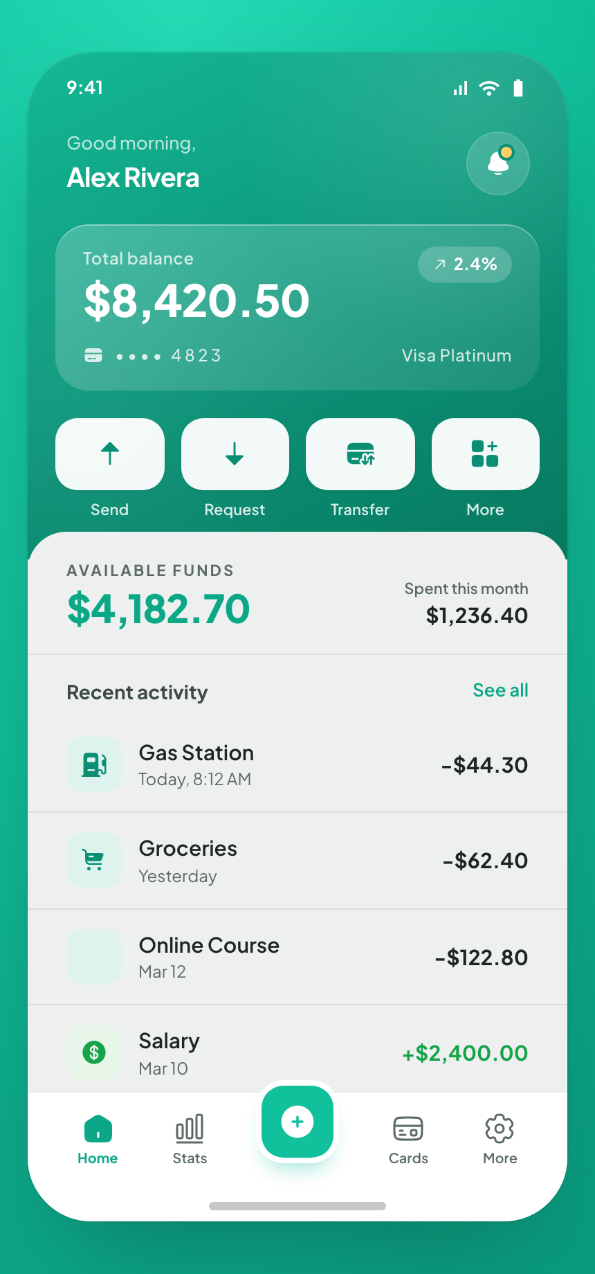 Fintech Wallet — Mobile Home Screen