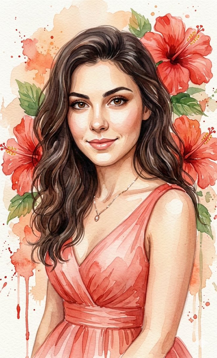 Watercolor Portrait with Hibiscus Prompt