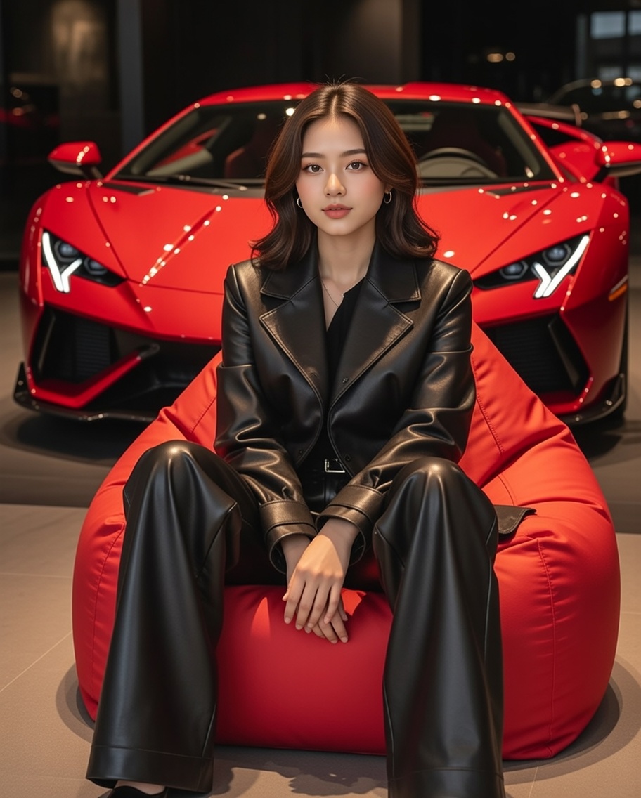 Luxury Showroom Scene with Red Supercar and All-Black Outfit