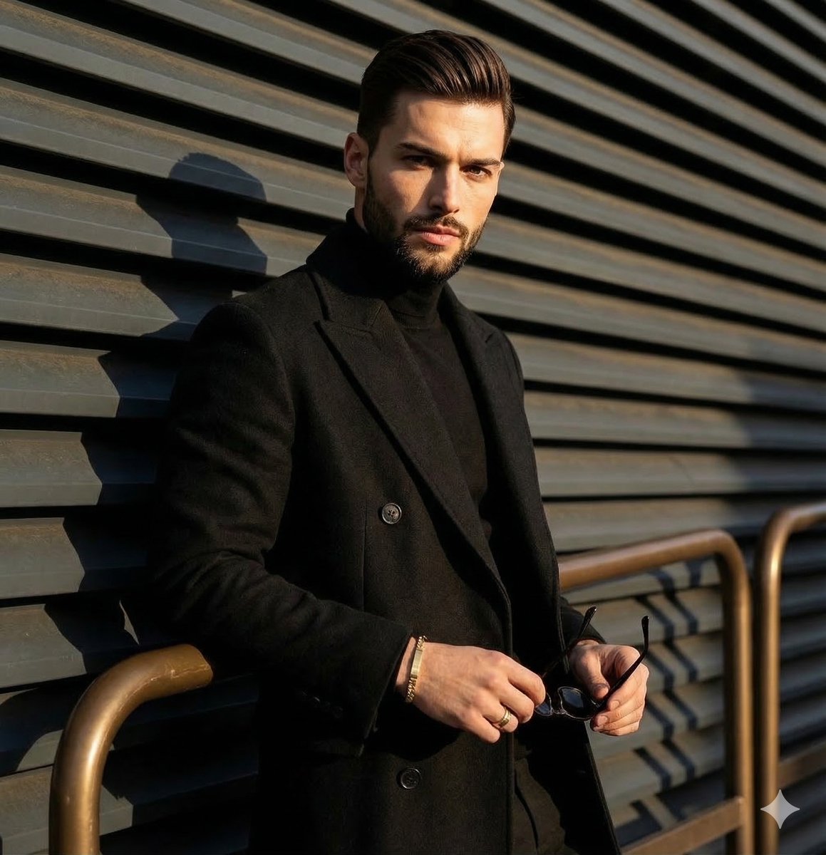 High-contrast editorial portrait of a man leaning on a rail