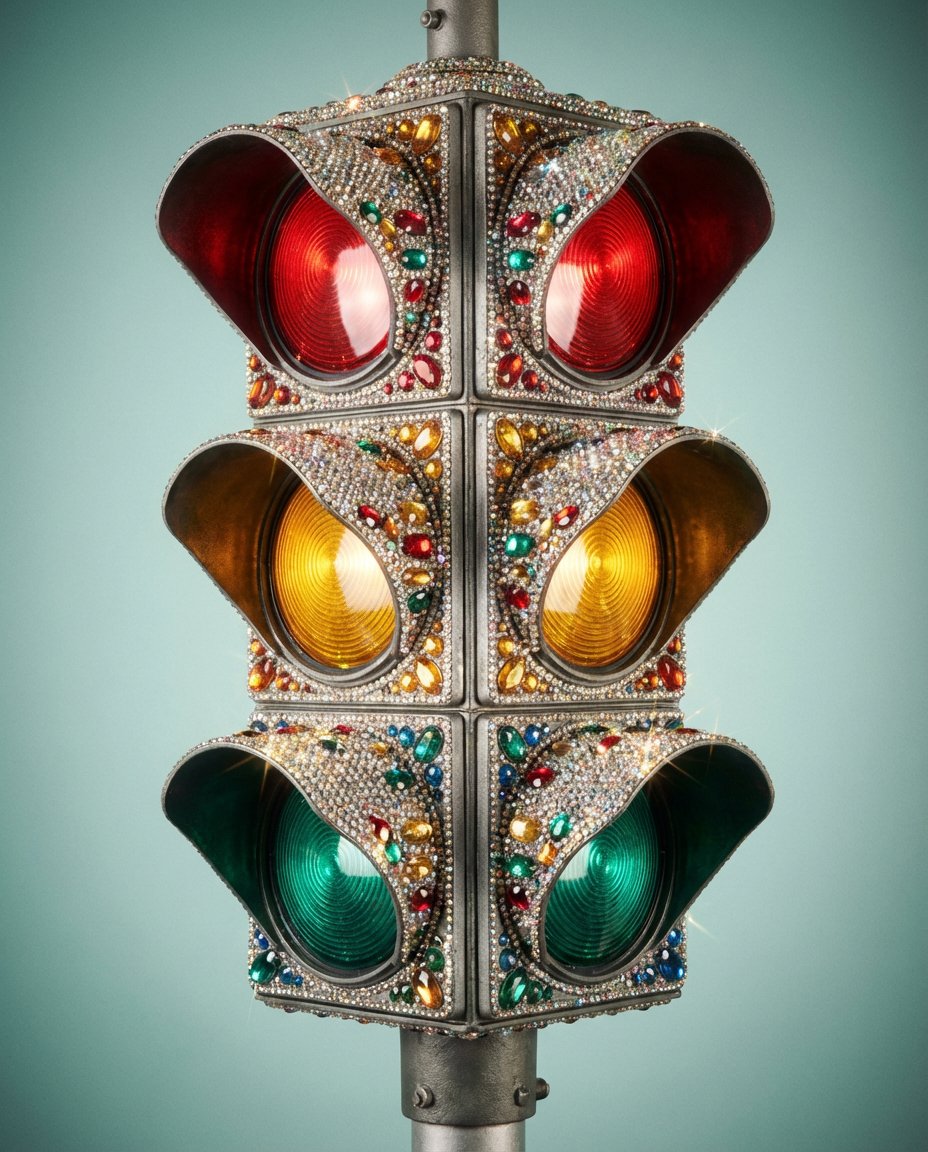 Rhinestone Encrusted Vintage Traffic Light Close-Up