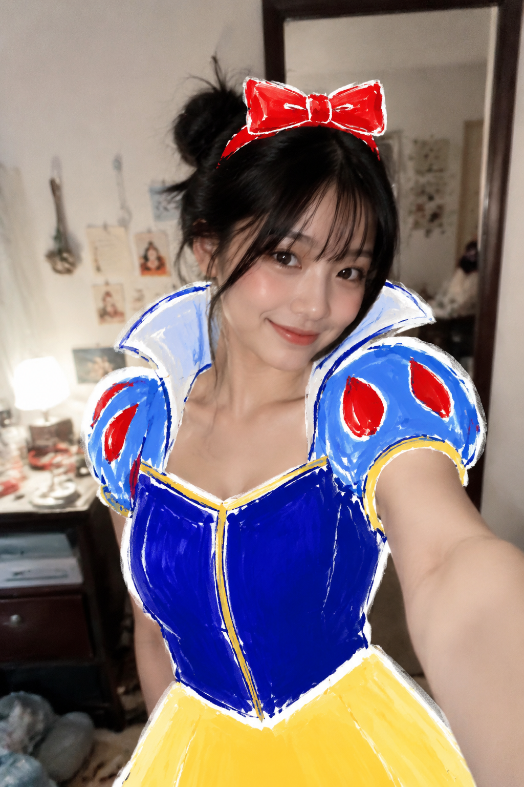 图像生成。一位日本女性,在自己的房间里站着自拍,俏皮自信的微…