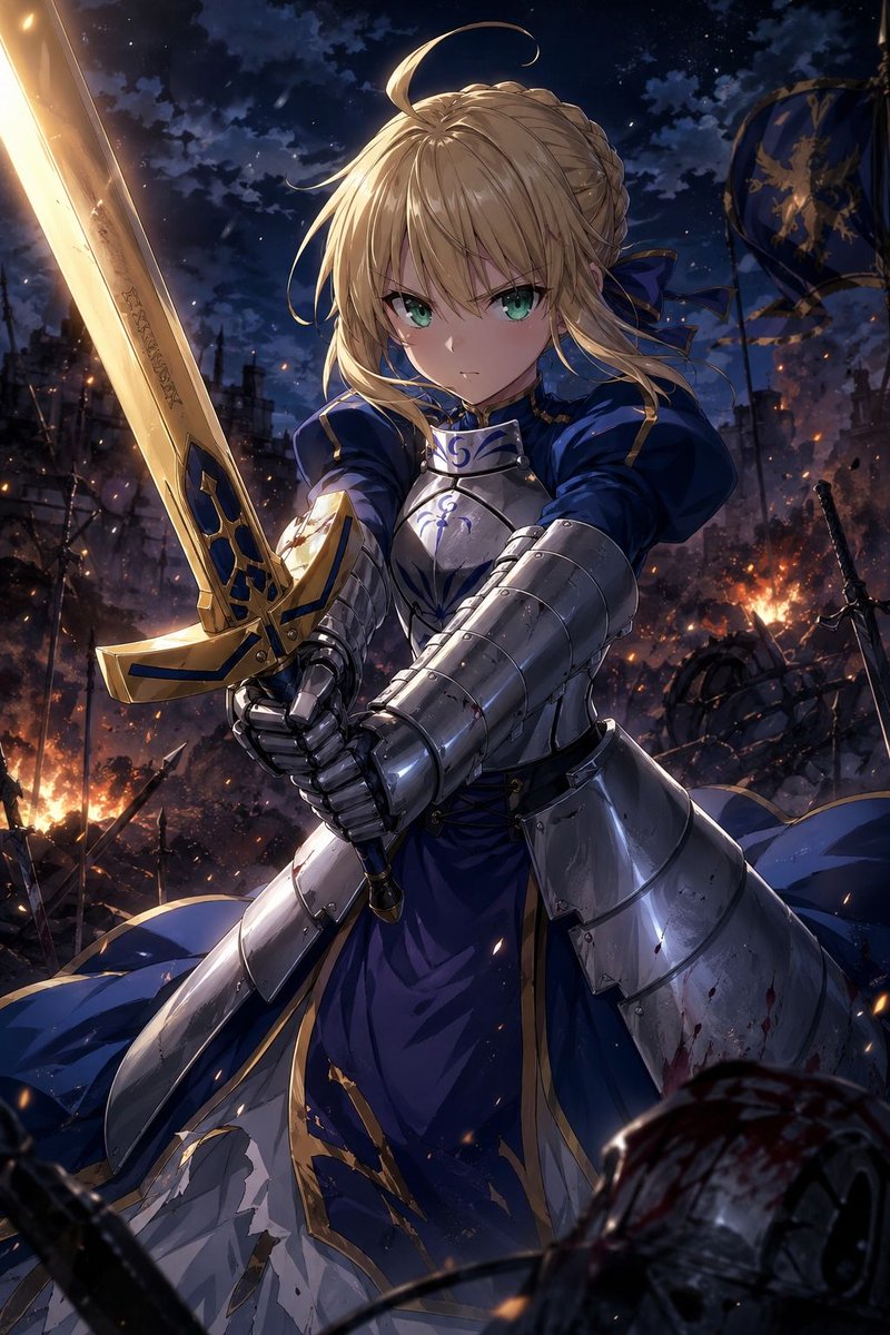 Fate角色动漫插画夜景废墟