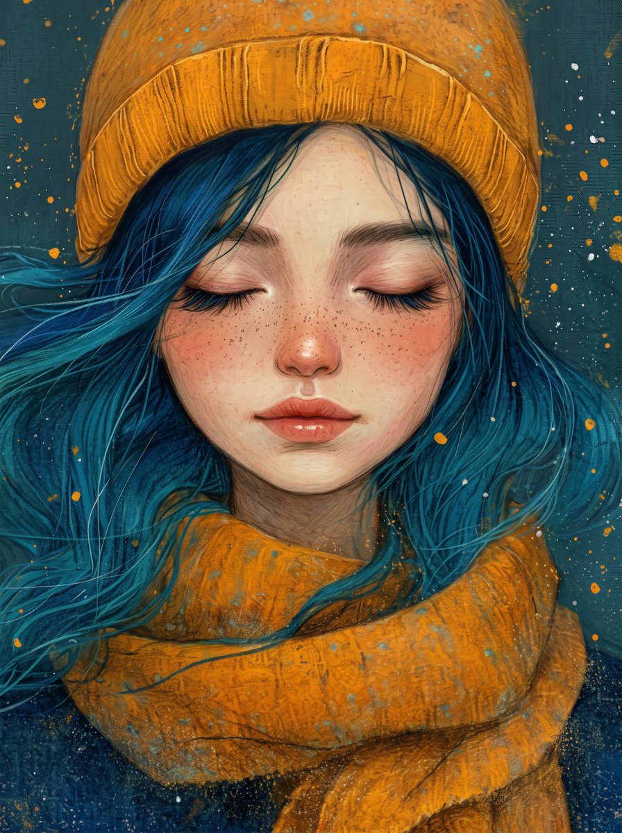 Painterly Portrait with Teal Hair and Mustard Beanie