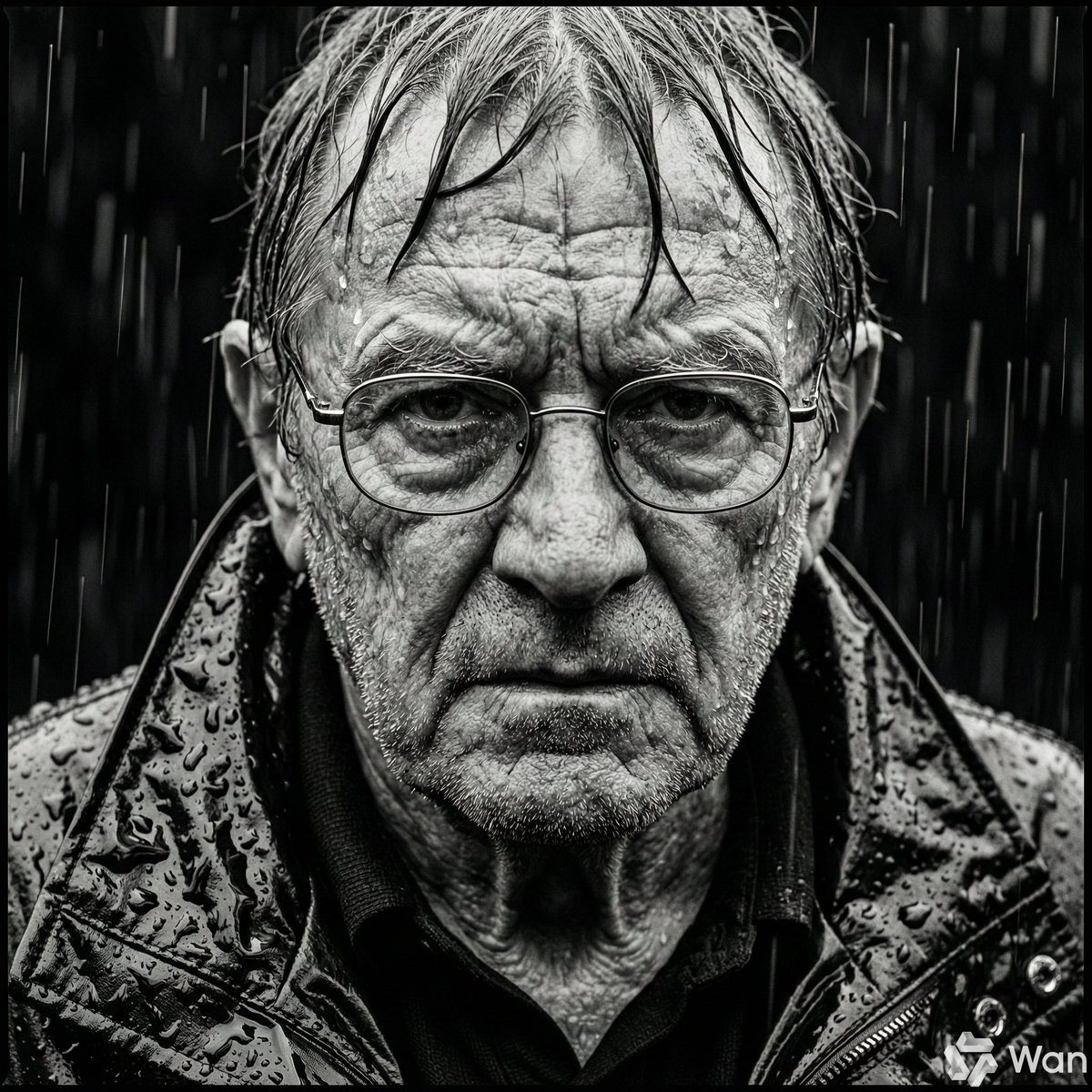 Monochrome Portrait of Elderly Man in Heavy Rain