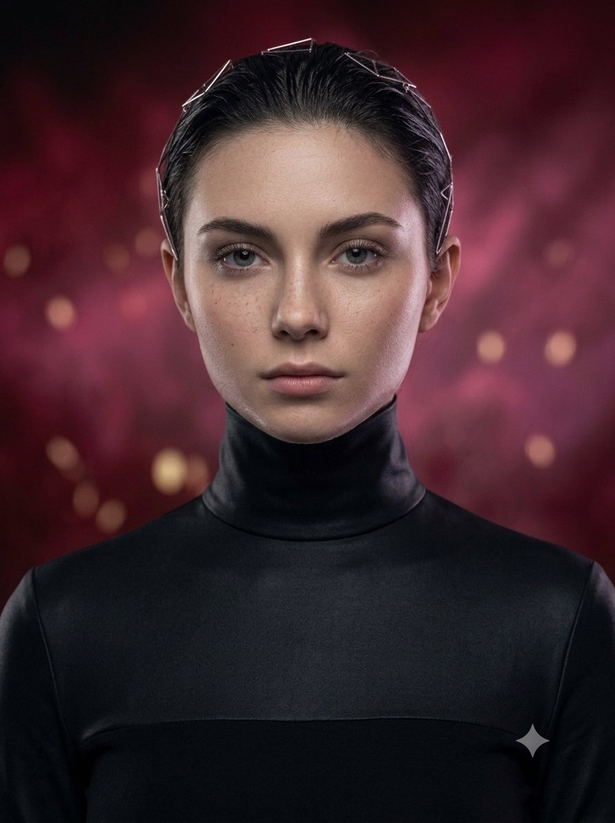 Hyper-Realistic Studio Portrait with Geometric Headband