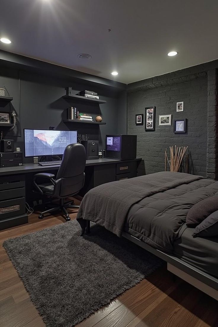Photorealistic Modern Dark Bedroom and Workspace Interior