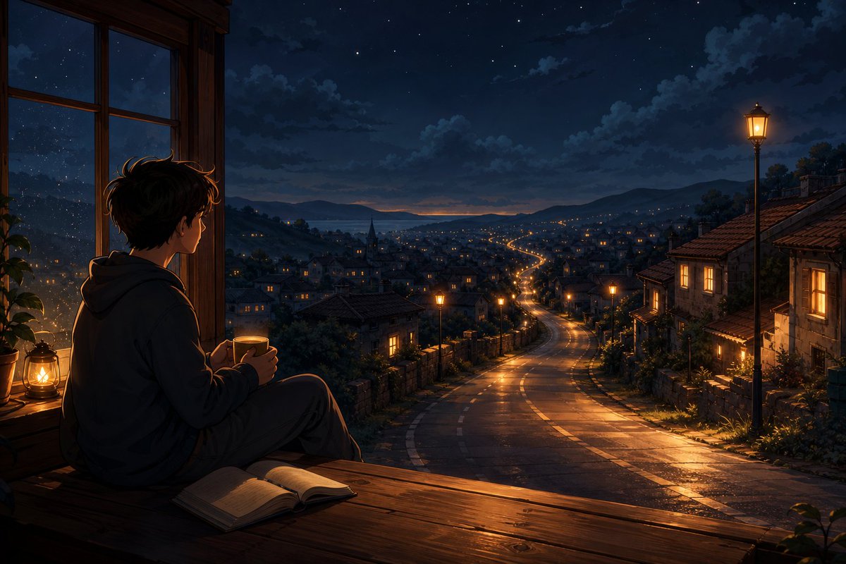 夜窗边的动漫少年