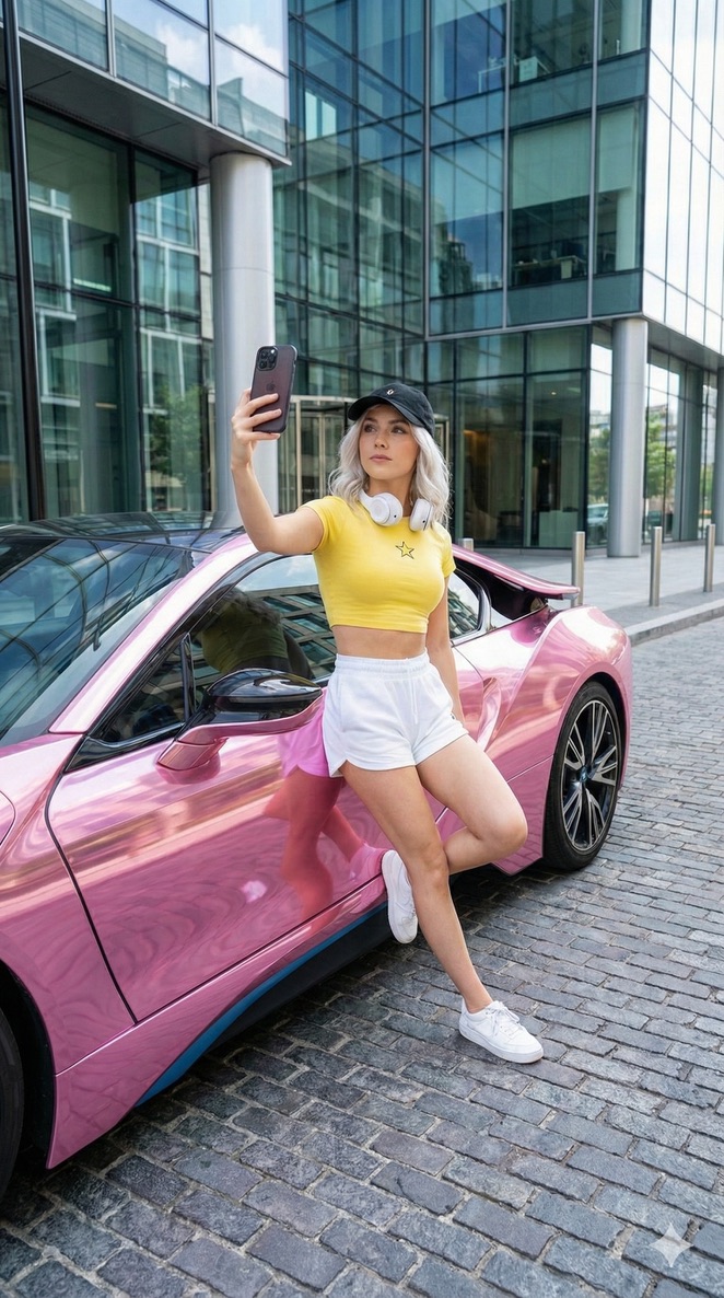Casual Main Character Selfie with Pink BMW i8 Prompt