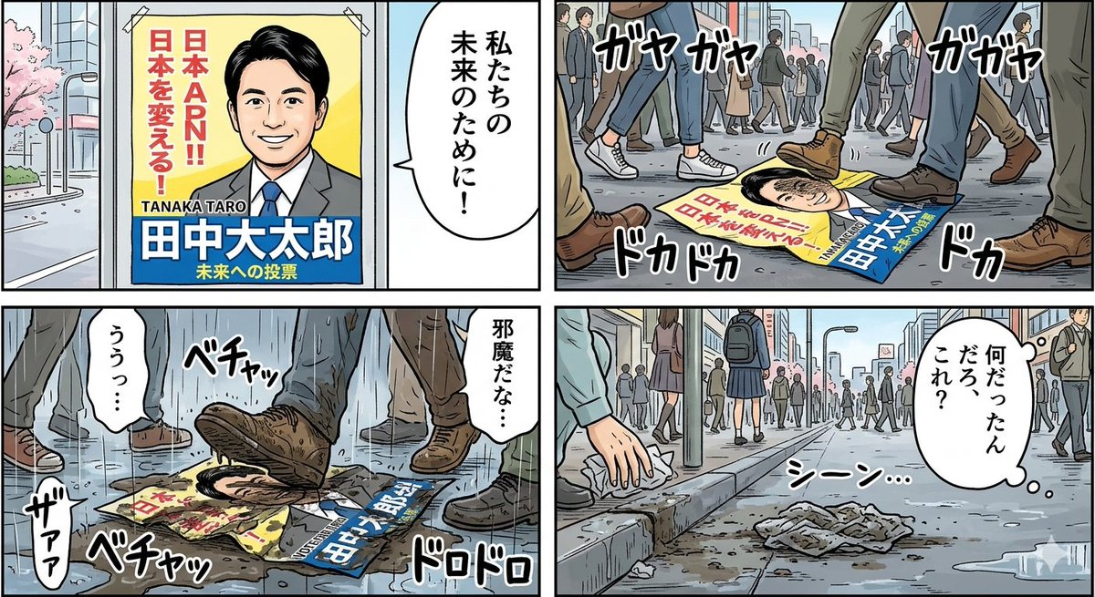 Four-Panel Manga: Poster Covered in Mud