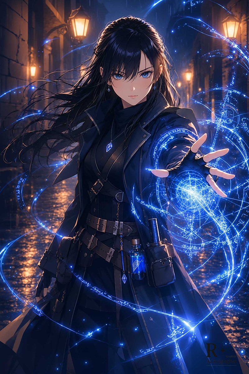 角色动漫插画夜景雨
