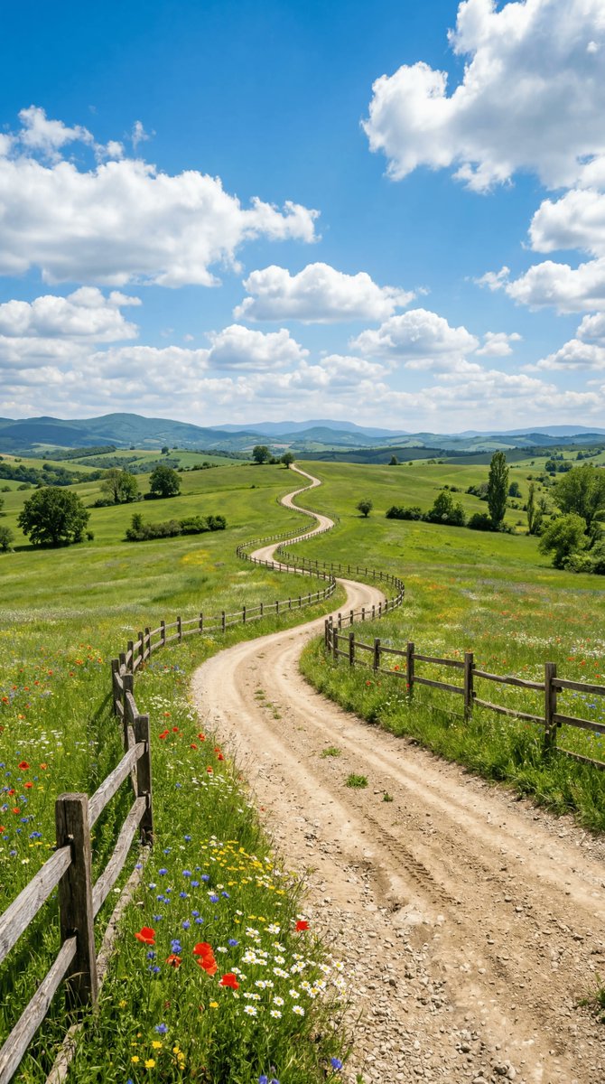 Wide-angle landscape prompt of a dirt road