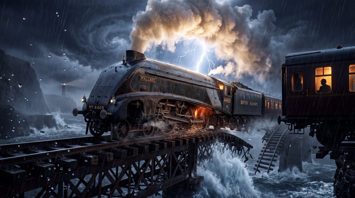 Steam Locomotive Collapsing Bridge Storm
