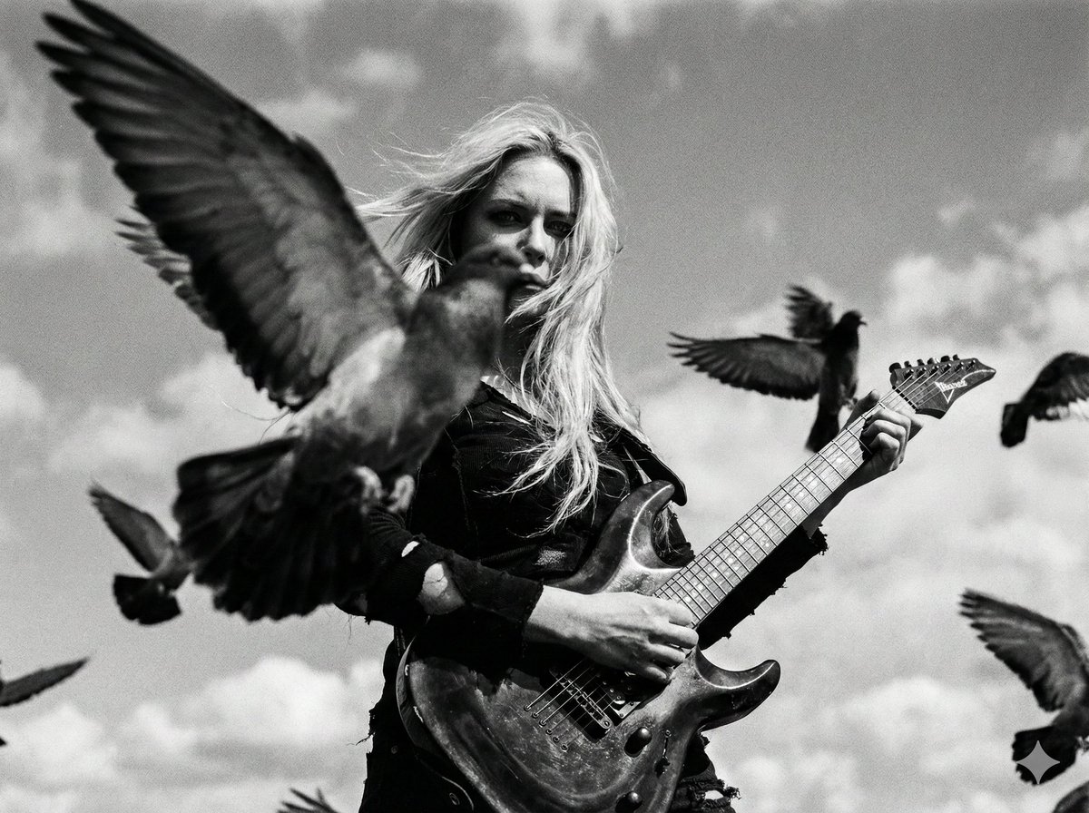 Cinematic Black and White Photo of Woman with Guitar and Pigeons