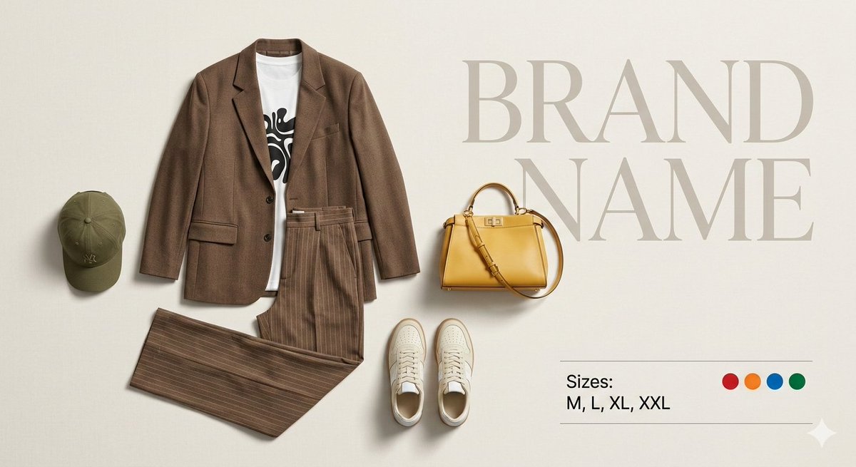 Premium fashion catalog flat lay on a clean soft beige studio