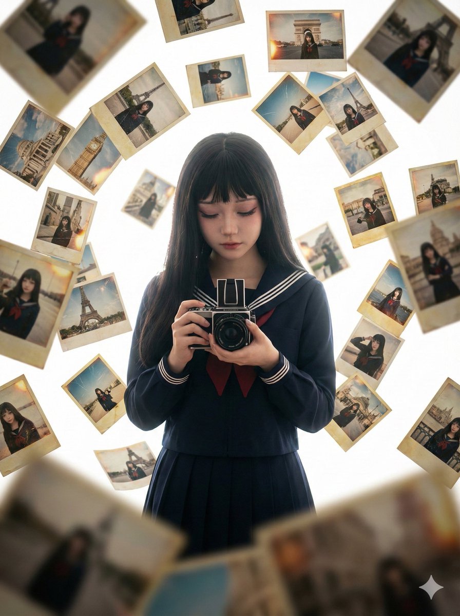 Photorealistic Asian Girl with Floating Photos Prompt (JSON Format)