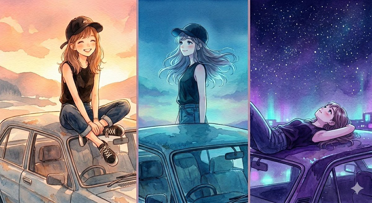 Three-Panel Anime Watercolor Split Composition Prompt for Nano Banana Pro