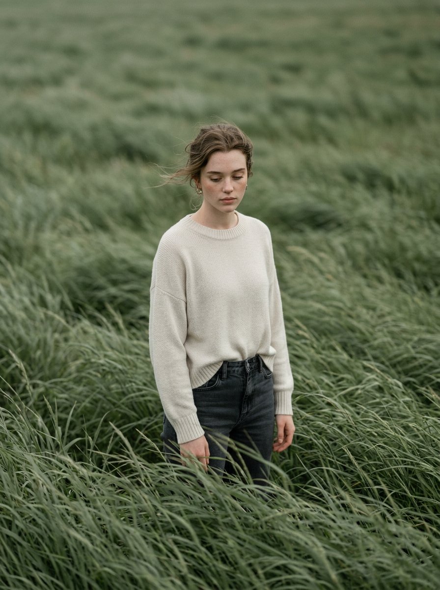 Cinematic Portrait in Sage-Green Grass Field