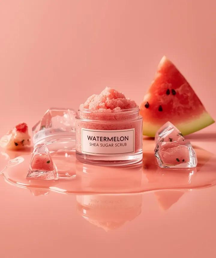 Hyper-photorealistic cosmetic skincare jar product shot with watermelon and ice cubes