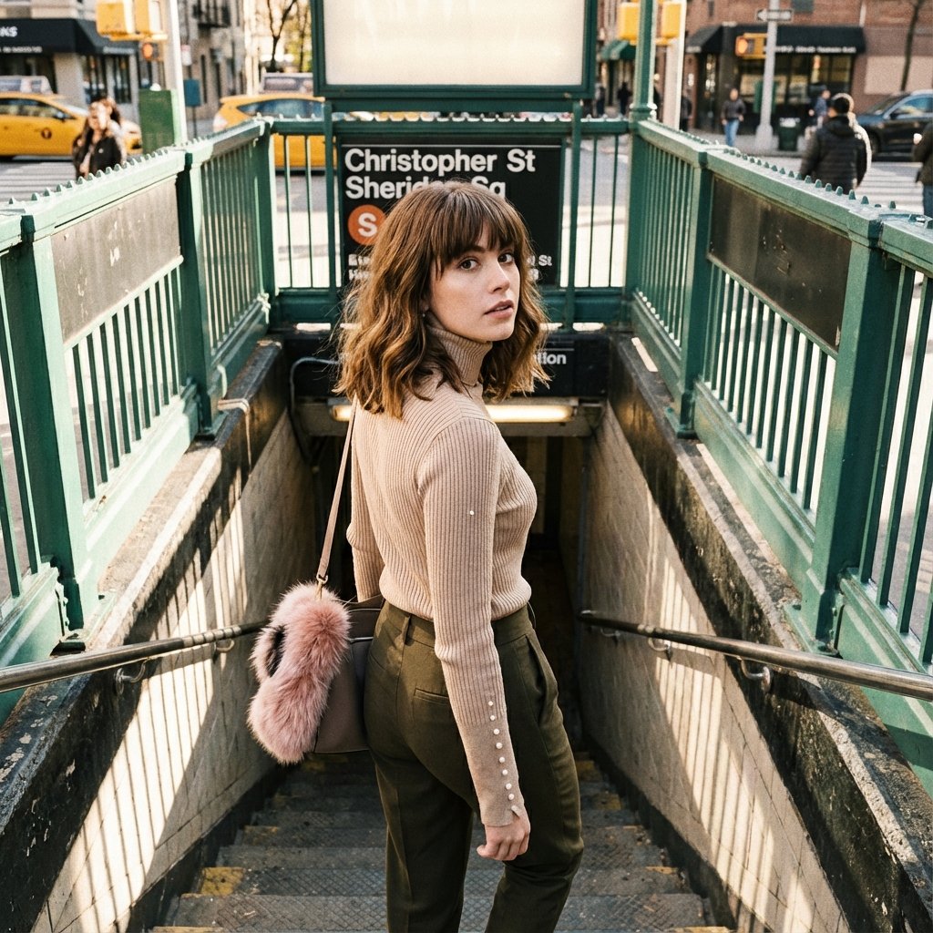 Young woman standing at the entrance of a subway staircase in a city