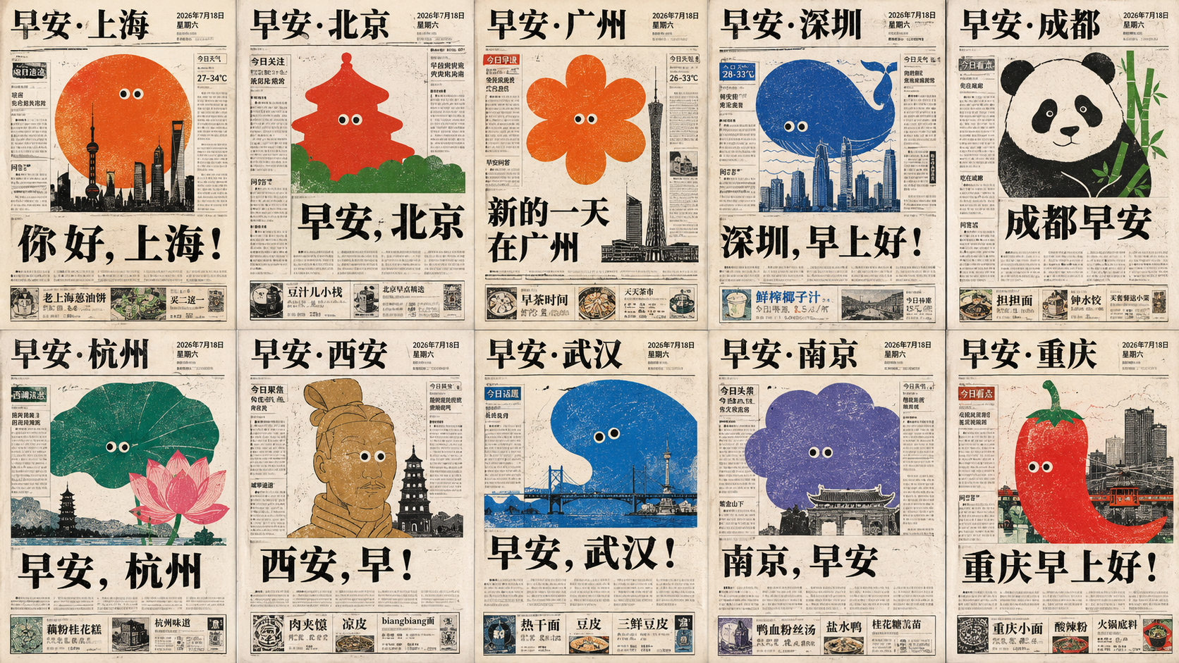 围绕任意主题对象生成一套旧报纸头版式视觉:整体先像地方报刊的…