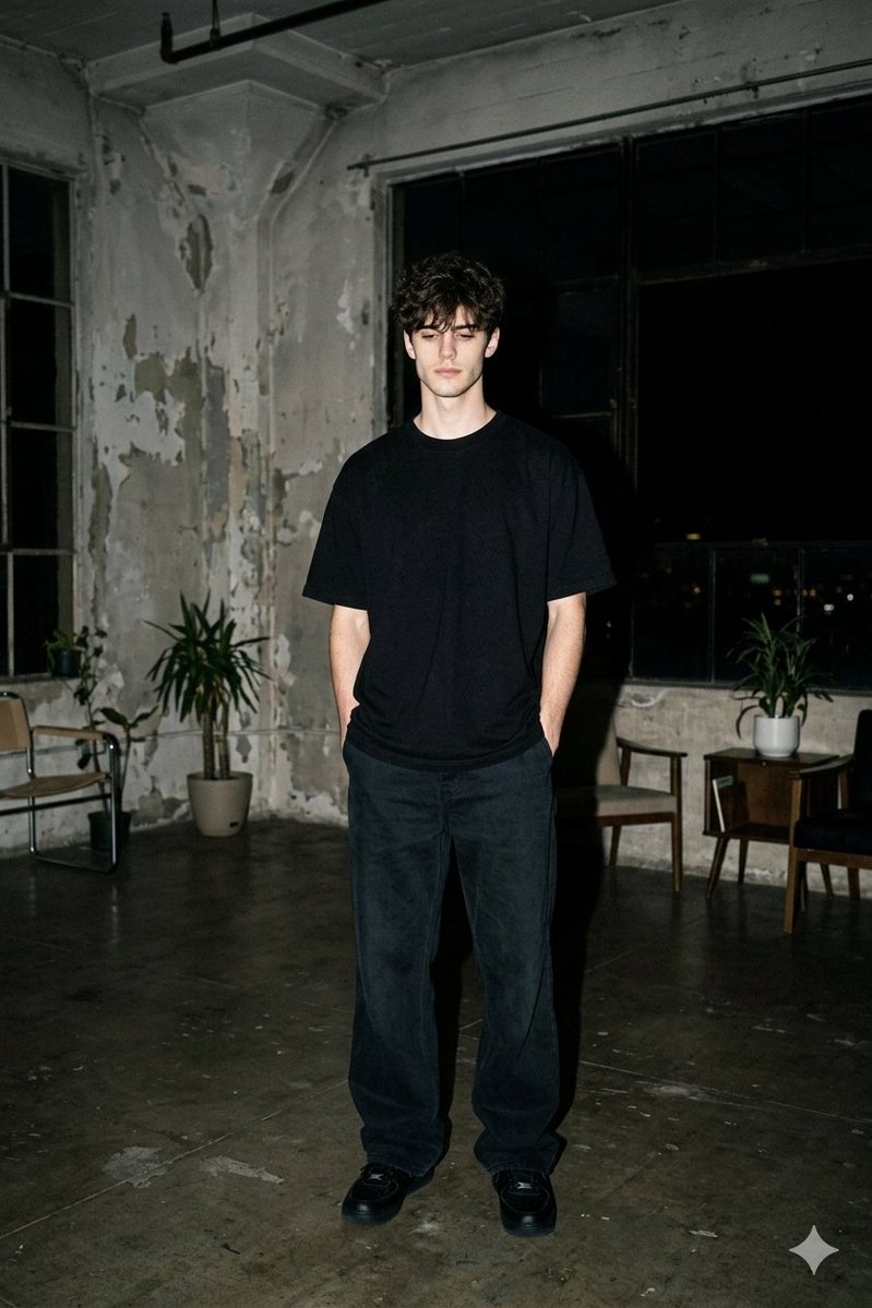 Nighttime Industrial Loft Fashion Shot (35mm Film Aesthetic)