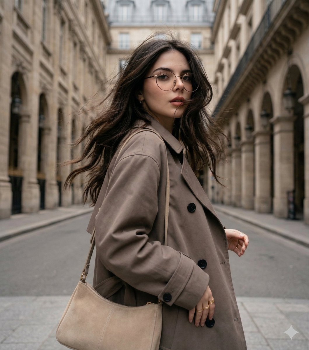 Windswept woman in a trench coat in a European street