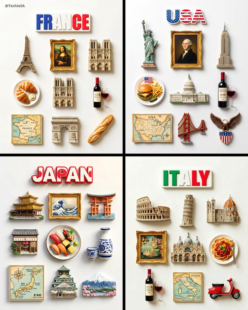 A flat-lay collection of exactly 9 hyper-realistic 3D resin fridge