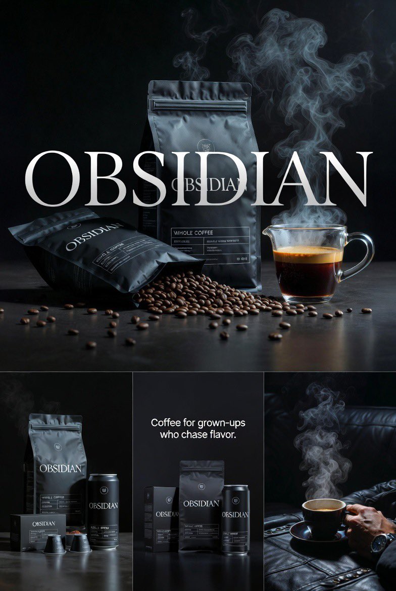 Four connected premium realistic editorial images for OBSIDIAN coffee
