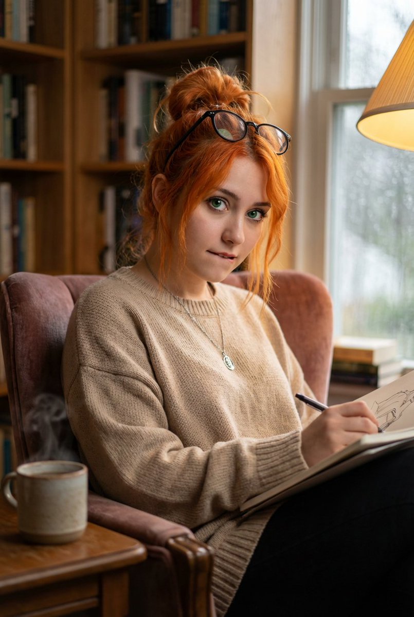 Consistent Character Portrait: Alev in a Cozy Library (JSON)
